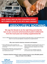 An ad urges senators to strip a ban on pay-for-delay deals from the War-Funding bill