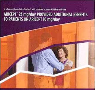 Part of advertisement for donepezil 23 mg aimed at doctors (courtesy Kantar Media) Part of advertisement for donepezil 23 mg aimed at doctors (courtesy Kantar Media)