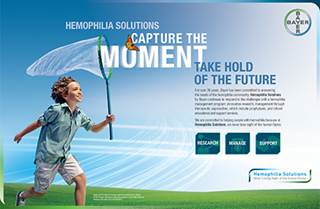 An advertisement for Bayer's Hemophilia Solutions An advertisement for Bayer's Hemophilia Solutions